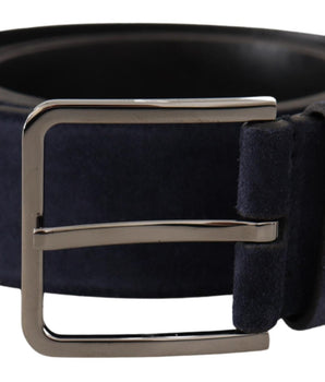 Dolce & Gabbana Navy Blue Velvet Leather Silver Logo Buckle Belt