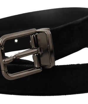 Dolce & Gabbana Black Velvet Silver Tone Logo Metal Buckle Belt