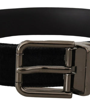 Dolce & Gabbana Black Velvet Silver Tone Logo Metal Buckle Belt