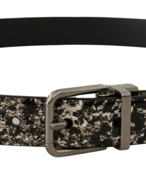 Dolce & Gabbana Black Marble Print Leather Silver Logo Buckle Belt