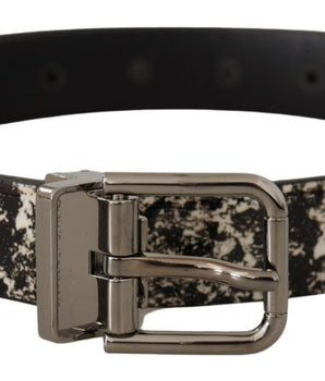 Dolce & Gabbana Black Marble Print Leather Silver Logo Buckle Belt