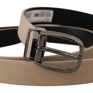 Dolce &amp; Gabbana Elegant Beige Leather Belt with Silver Tone Buckle