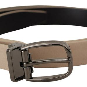 Dolce &amp; Gabbana Elegant Beige Leather Belt with Silver Tone Buckle