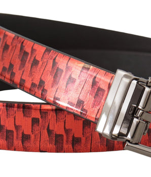 Dolce & Gabbana Red Herringbone Leather Gray Tone Buckle Belt