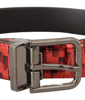 Dolce & Gabbana Red Herringbone Leather Gray Tone Buckle Belt