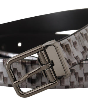 Dolce & Gabbana Gray Herringbone Leather Gray 3D Metal Buckle Belt