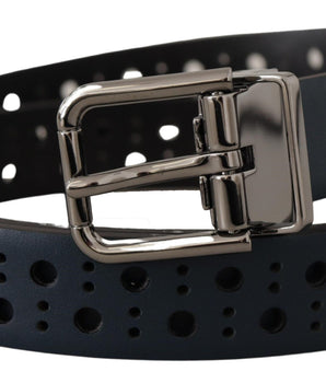 Dolce & Gabbana Navy Blue Perforated Leather Skinny Metal Buckle Belt