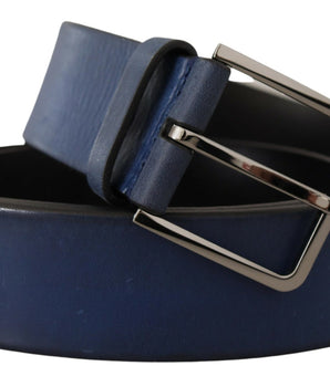 Dolce &amp; Gabbana Blue Calf Leather Silver Metal Buckle Classic Belt