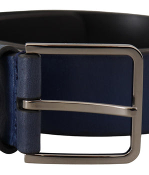 Dolce &amp; Gabbana Blue Calf Leather Silver Metal Buckle Classic Belt