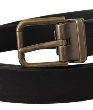 Dolce & Gabbana Black Leather Brass Metal Grain Buckle Classic Belt