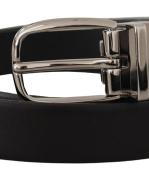 Dolce & Gabbana Black Leather Silver Metal Chrome Logo Buckle  Belt