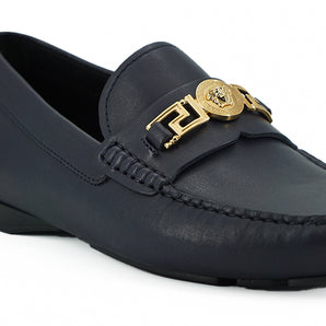 Mocasines Versace elegantes de piel de becerro azul marino