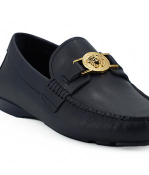 Versace Navy Blue Calf Leather Loafers Shoes