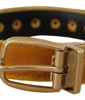 Dolce & Gabbana Mustard Velvet Gold Logo Engraved Metal Buckle Belt