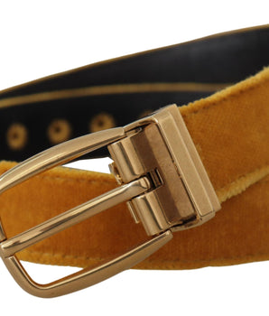 Dolce & Gabbana Mustard Velvet Gold Logo Engraved Metal Buckle Belt