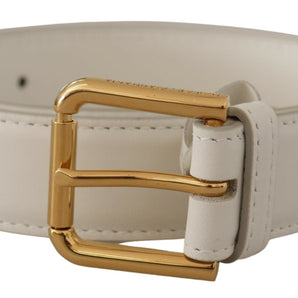 Dolce &amp; Gabbana Chic White Leather Belt with Gold Engraved Buckle