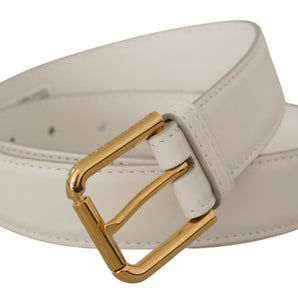 Dolce &amp; Gabbana Chic White Leather Belt with Gold Engraved Buckle