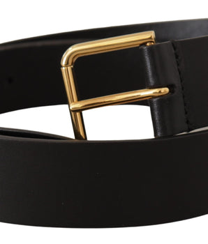 Dolce & Gabbana Black Calf Leather Gold Tone Logo Metal Buckle Belt