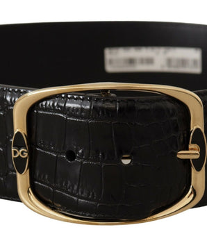 Dolce & Gabbana Black Crocodile Print Gold Metal DG Logo Buckle Belt