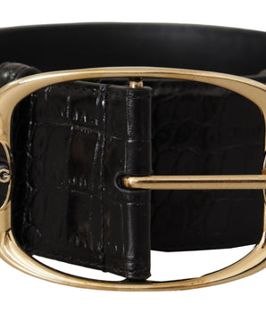 Dolce & Gabbana Black Crocodile Print Gold Metal DG Logo Buckle Belt
