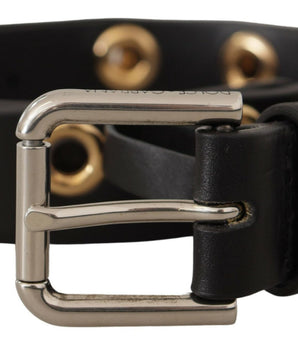 Dolce & Gabbana Black Leather Eyelet Silver Tone Metal Buckle Belt