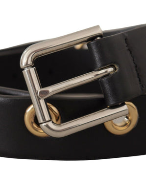 Dolce & Gabbana Black Leather Eyelet Silver Tone Metal Buckle Belt