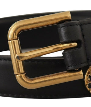 Dolce & Gabbana Black Leather Embellished Crystal Logo Belt