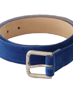 Dolce & Gabbana Blue Velvet Silver Logo Engraved Metal Buckle Belt