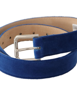 Dolce & Gabbana Blue Velvet Silver Logo Engraved Metal Buckle Belt