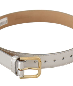 Dolce & Gabbana Silver Leather Gold Tone Logo Metal Buckle Belt