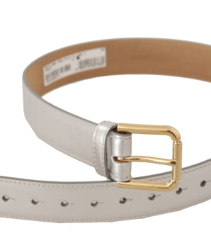 Dolce & Gabbana Silver Leather Gold Tone Logo Metal Buckle Belt