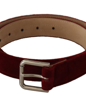 Dolce & Gabbana Red Velvet Silver Logo Engraved Metal Buckle Belt