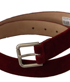 Dolce & Gabbana Red Velvet Silver Logo Engraved Metal Buckle Belt