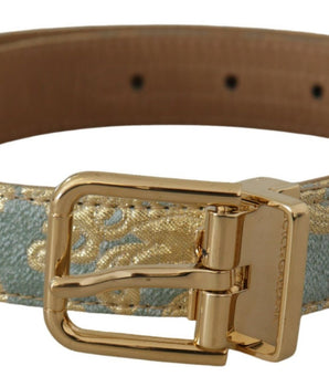 Dolce & Gabbana Blue Leather Jacquard Embossed Gold Metal Buckle Belt