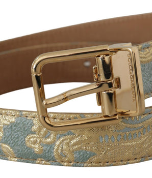 Dolce & Gabbana Blue Leather Jacquard Embossed Gold Metal Buckle Belt