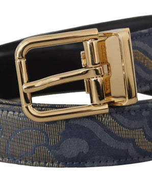 Dolce & Gabbana Navy Blue Jacquard Gold Tone Logo Metal Buckle Belt