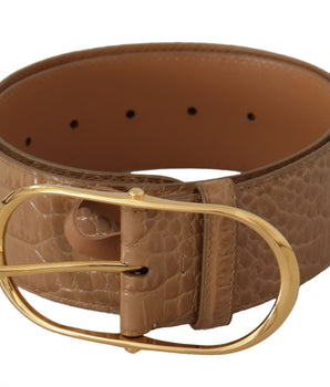 Dolce & Gabbana Brown Beige Leather Gold Metal Oval Buckle Belt