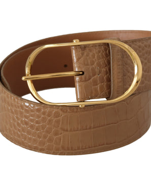 Dolce & Gabbana Brown Beige Leather Gold Metal Oval Buckle Belt