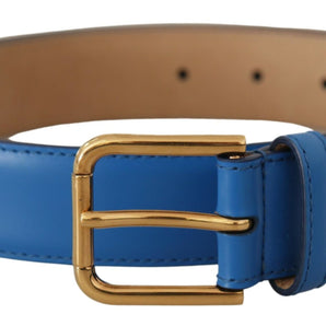 Dolce &amp; Gabbana Elegant Blue Leather Belt with Engraved Buckle