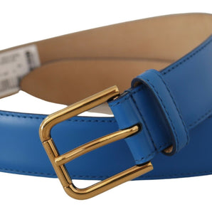 Dolce &amp; Gabbana Elegant Blue Leather Belt with Engraved Buckle