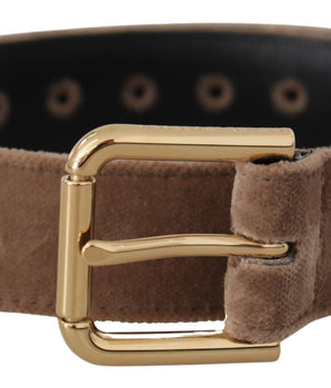 Dolce & Gabbana Light Brown Velvet Gold Tone Logo Metal Buckle Belt