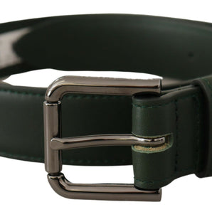 Dolce &amp; Gabbana Elegant Dark Green Leather Belt with Logo Buckle