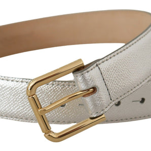 Dolce &amp; Gabbana Elegant Silver Leather Belt with Engraved Buckle