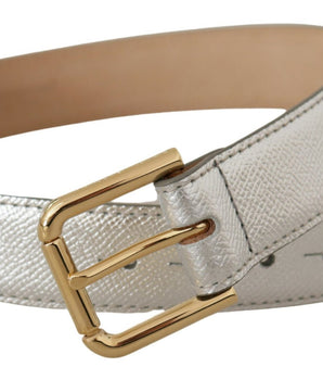 Dolce & Gabbana Silver Leather Gold Tone Logo Metal Waist Buckle Belt
