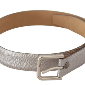 Dolce &amp; Gabbana Elegant Silver Leather Belt with Engraved Buckle