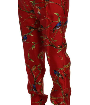 Dolce & Gabbana Elegant Silk Dress Trousers in Red Bird Print Dolce & Gabbana 