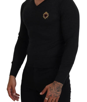 Dolce & Gabbana Gray Cashmere V-neck Gold Heart Sweater