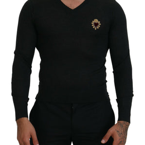 Dolce & Gabbana V-Neck Cashmere Sweater with Heart Embroidery