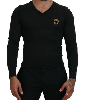 Dolce & Gabbana Gray Cashmere V-neck Gold Heart Sweater