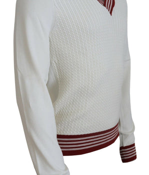 Dolce &amp; Gabbana White Red Knitted V-neck Pullover Sweater
